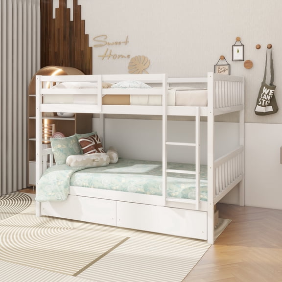 Full Over Full Rubber Wood Bunk Bed with 2 Drawers, Convertible into 2 Full Beds, full Size Bunk Bed with Ladder and Safety Guardrails ,White