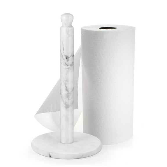 Marble Paper Towel Holder 12 inch (White Marble) Kitchen Paper Towels Roll Dispenser Stand Rack with Marble Pole and Weight Base for Countertop Tables Home Dining Bathroom Storage