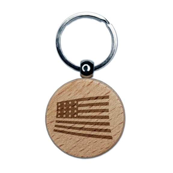 USA United States of America Flag Fun Round Keychain Charm Tag - Engraved Wood