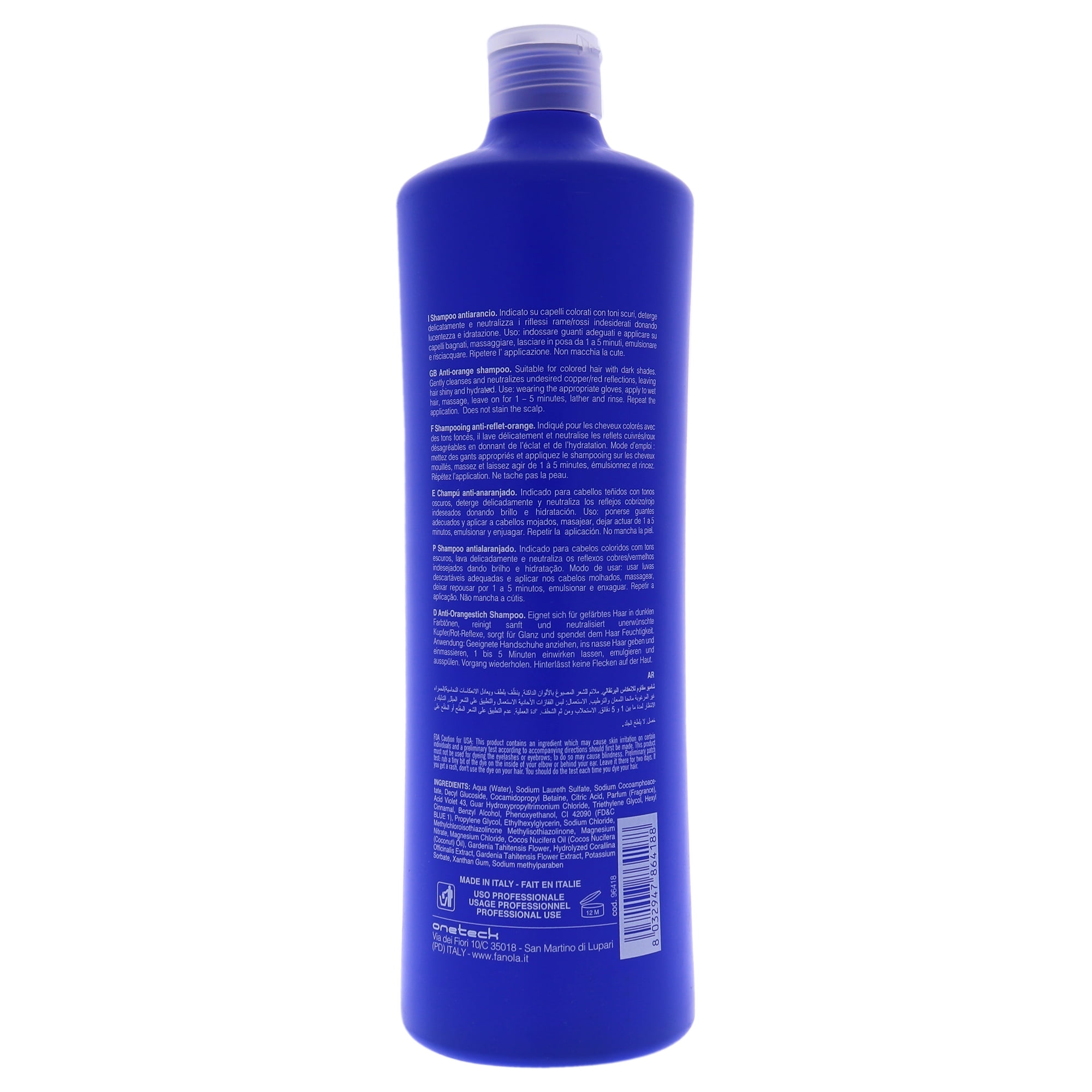 Fanola No Orange Color Protection Blue Shampoo with Coconut Oil, 33.8 fl oz