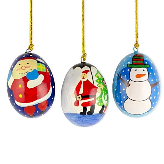 3 Wooden Egg Christmas Ornaments Santa, Christmas Tree and Snowman