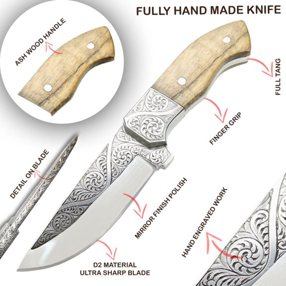 TheBoneEdge 10" Engraved Blade Ash Wood Handle Custom Hand Made Tracker Hunting knife With Sheath