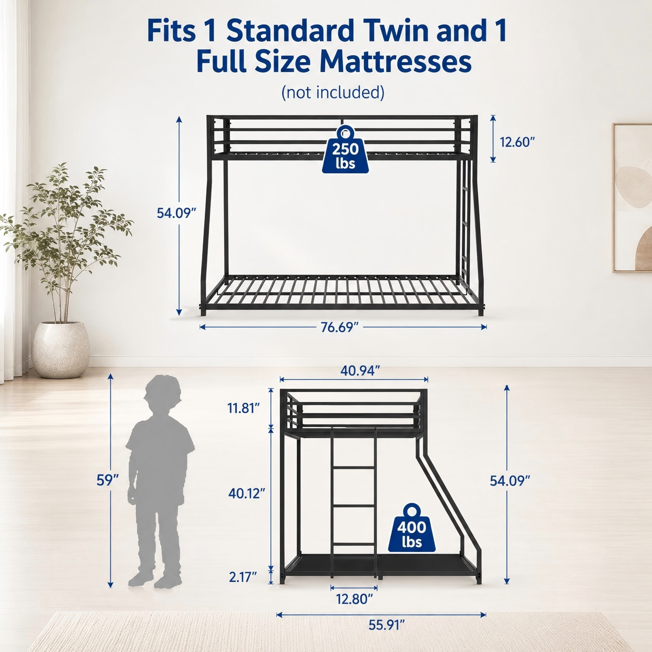 Aukfa Twin over Full Metal Bunk Bed for Kids and Adults, Low Profile Bunk Bed, Heavy-Duty Steel Slats, No Box Spring Needed, Black
