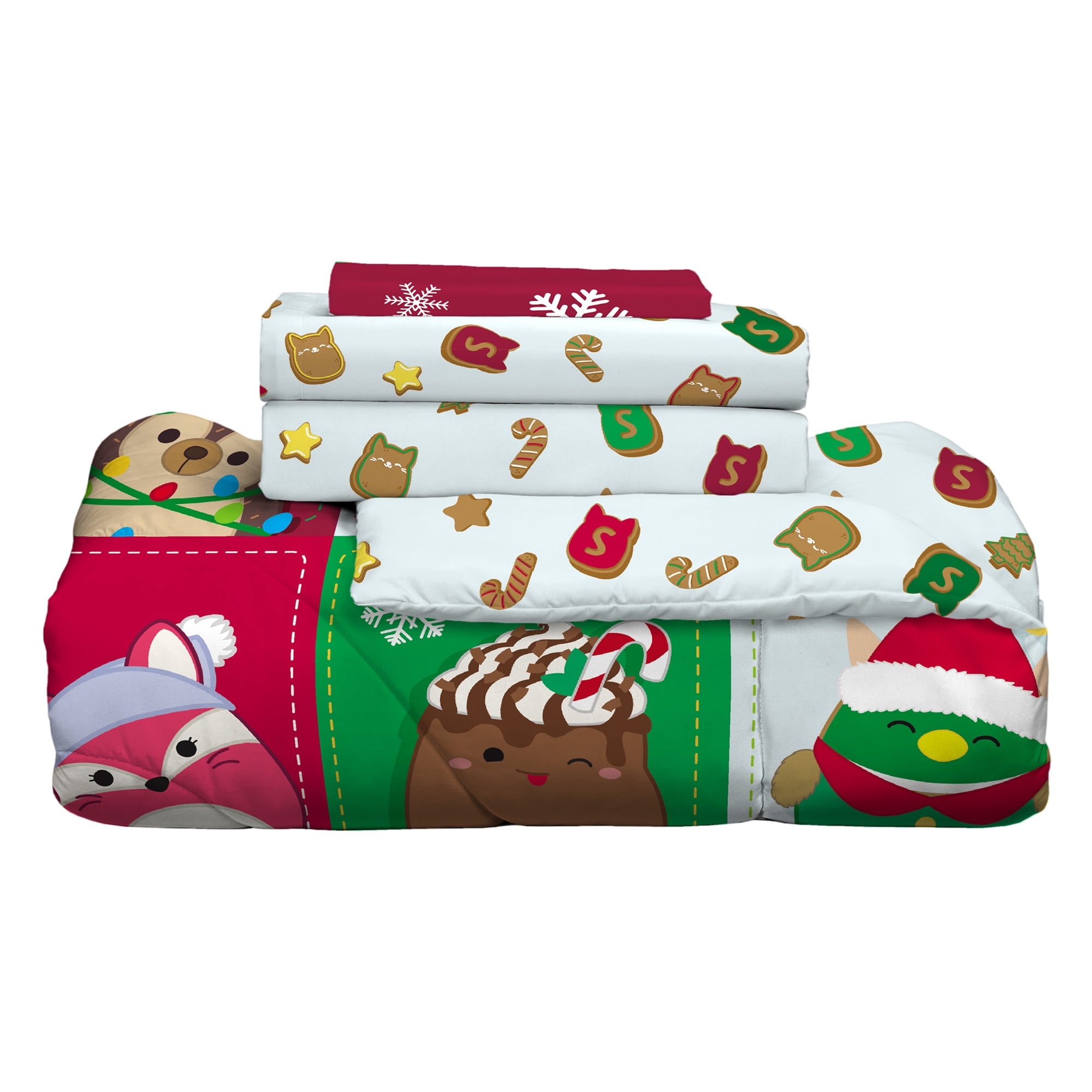 Squishmallows Holiday Kids 6 Piece Reversible Comforter, Pillowcase, Sheet Set, and Backpack, King