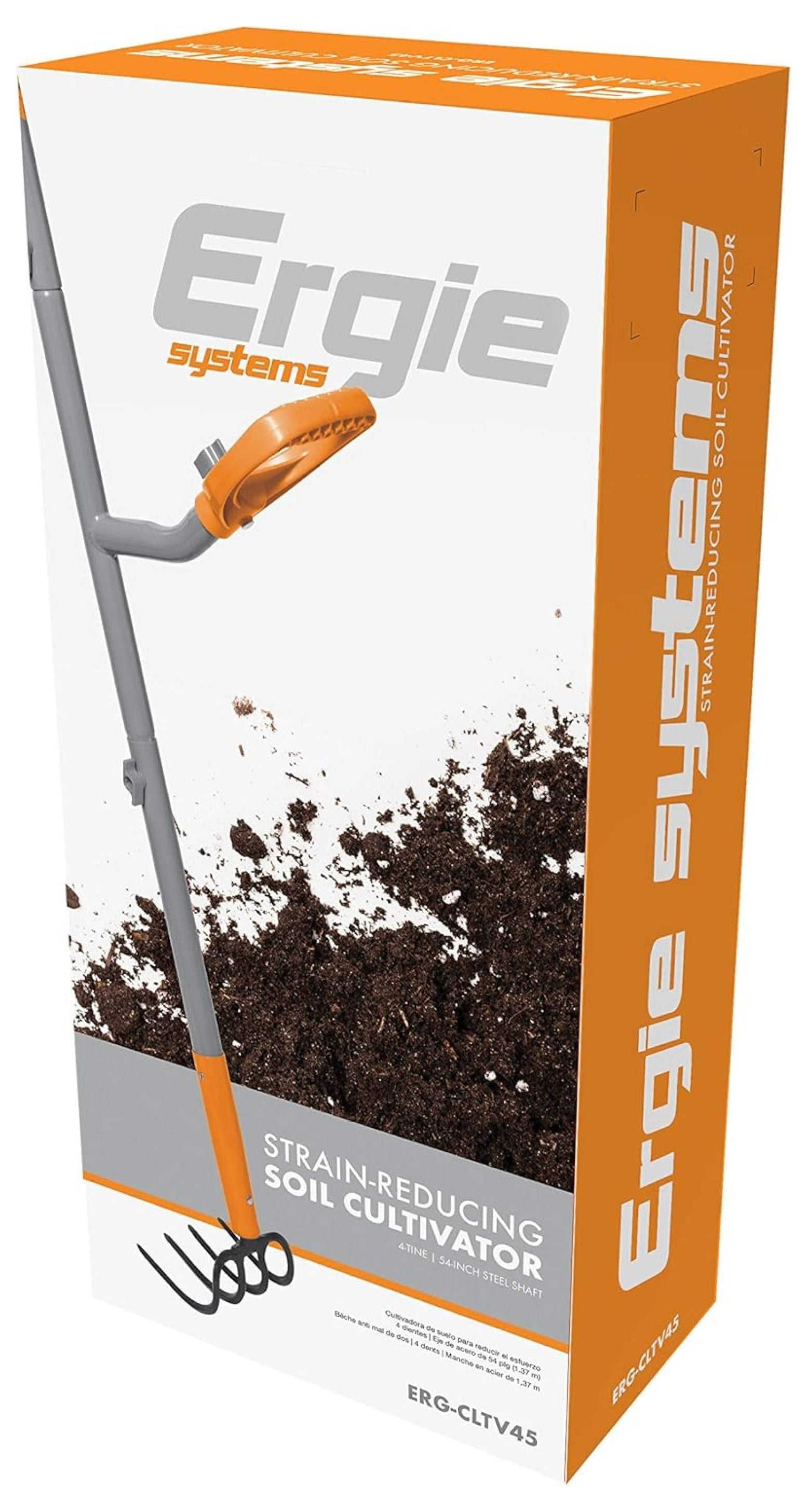 ErgieShovel 54" Ergonomic Steel Garden Cultivator w/ D Grip Handle, 4 Tine Head Lawn Tool for Yard Work, Soil Aeration, & Weeding, Orange - ERG-CLTV45