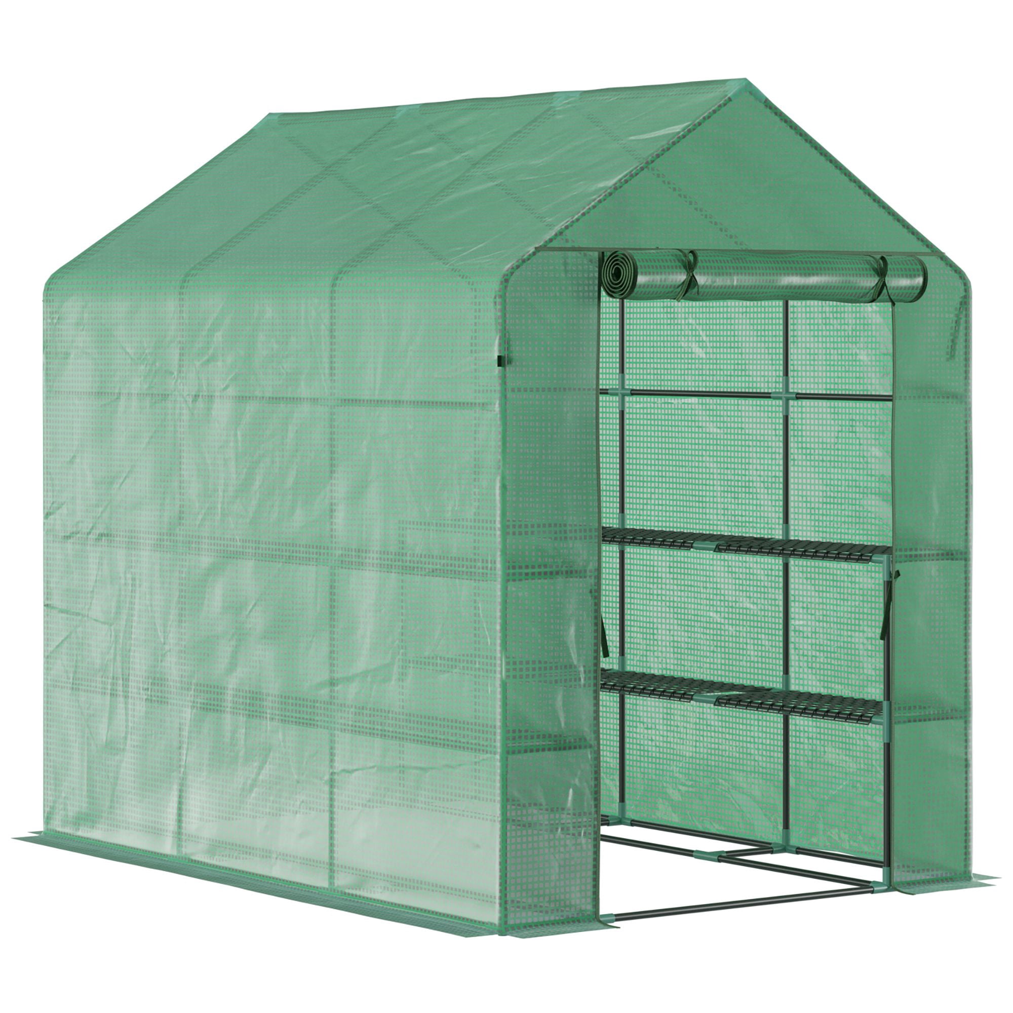 Outsunny 7' x 5' x 6.5' Walk-in Greenhouse, PE Cover, 2-Tier Shelves, Steel Frame Hot house, Roll-Up Zipper Door for Flowers, Vegetables, Saplings, Tropical Plants, Green