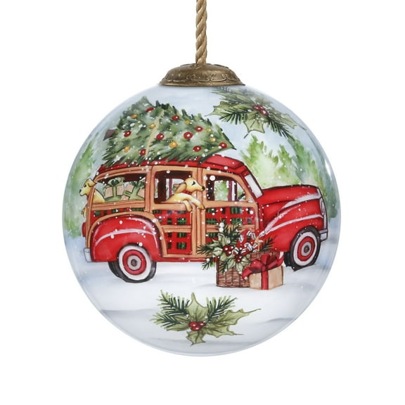 CC Christmas Decor Tree Hauling Wagon Hand Painted Glass Ball Christmas Ornament - 3"