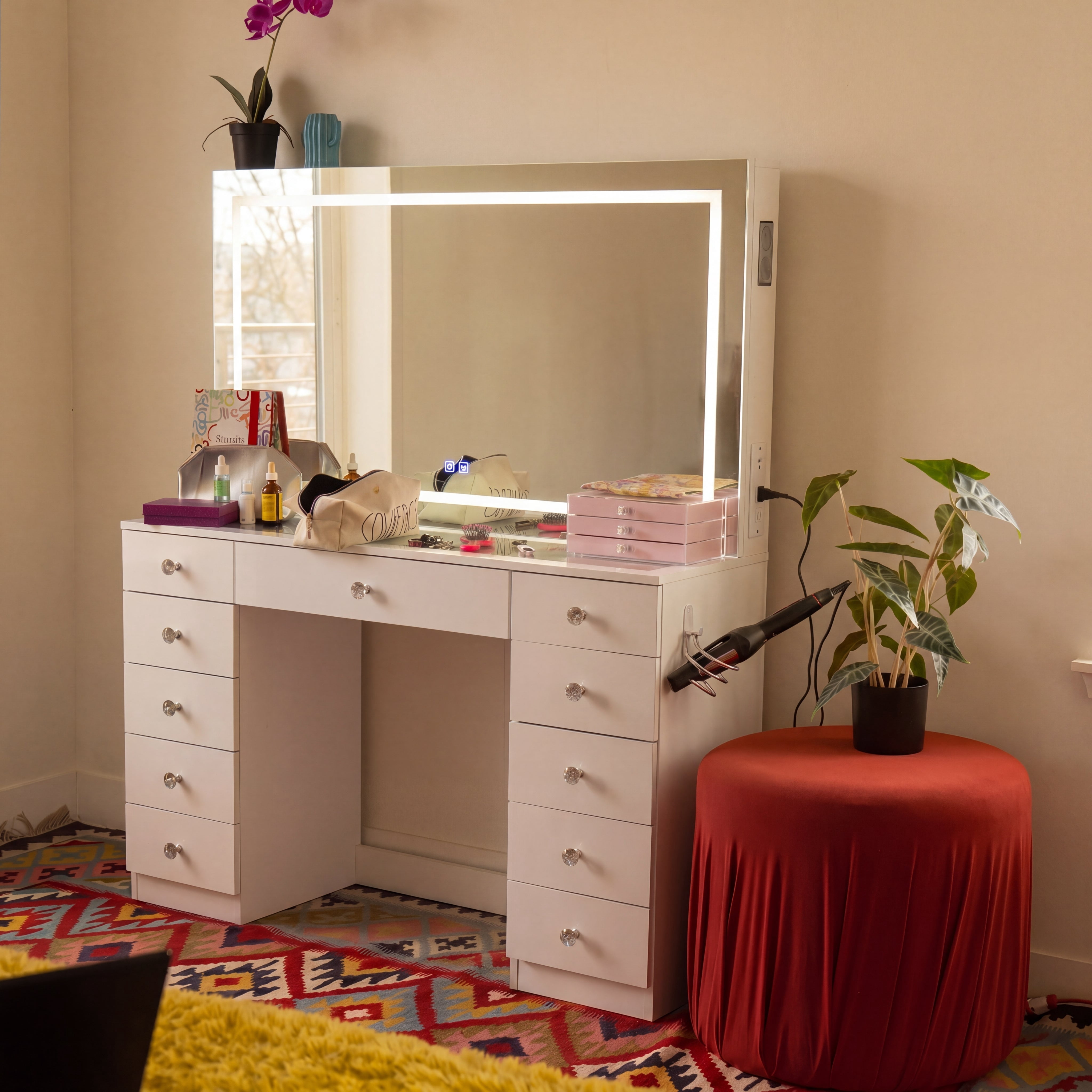 Boahaus Amelia Vanity Desk with Mirror and Lights – 11 Drawer Makeup Vanity Table with Storage, Power Outlet and Speakers