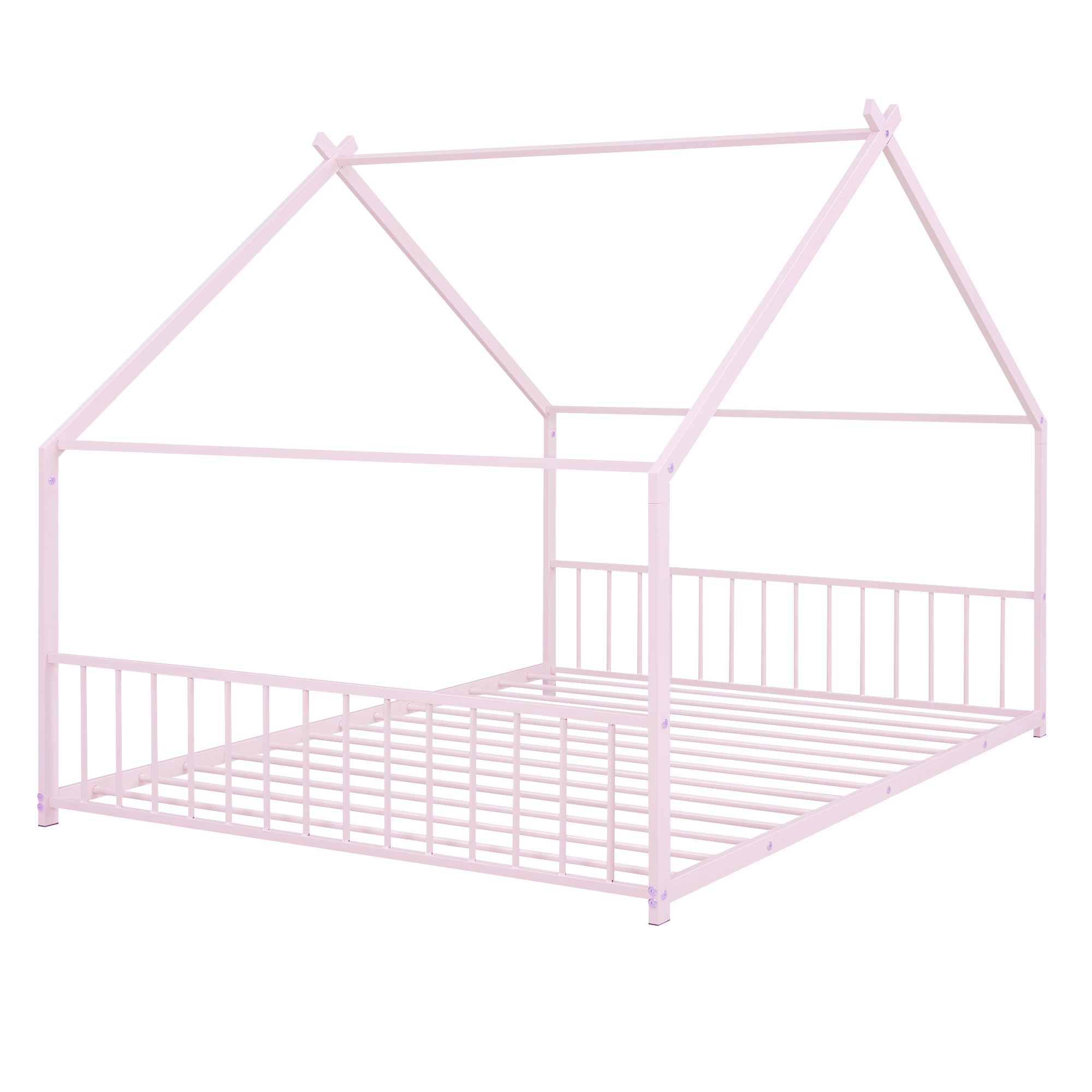Gewnee Full Size House Bed with Roof and Fence,Metal Montessori Platform Bed for Toddle and Kids,Pink