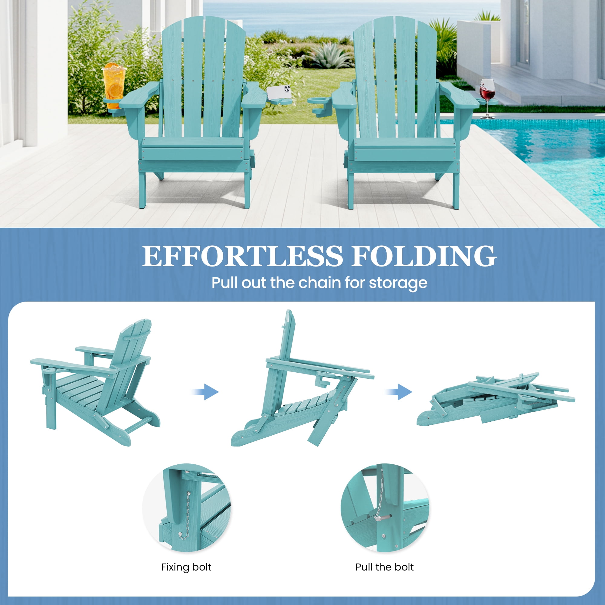 SERWALL Folding Adirondack Chair Set with Dual Cup Holders & Phone Holder, All-Weather HDPE Fire Pit Chairs for Outdoor, Patio, Poolside, Garden - Aruba