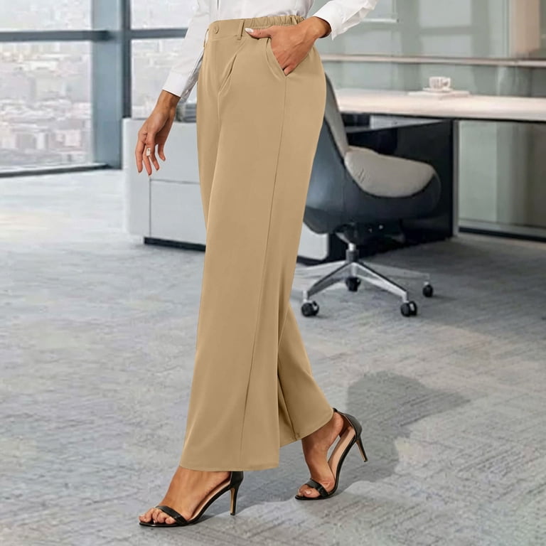 Wiyuqeen Women's Wide Leg Dress Pants High Waisted Stretch Work Pants Office Business Casual Slacks with Pocket Ladies Dress Trousers Beige XL