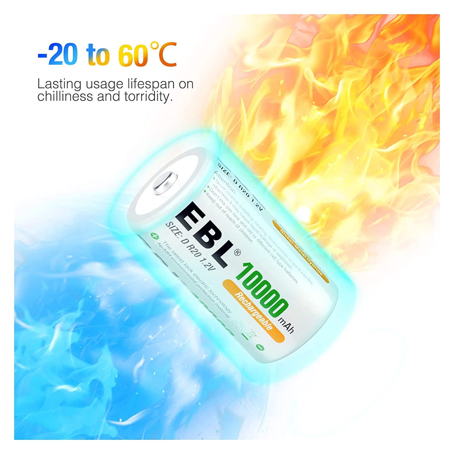 EBL D Size Rechargeable Batteries D Cell 10000mah NiMH Battery, 4 Counts 1.2V