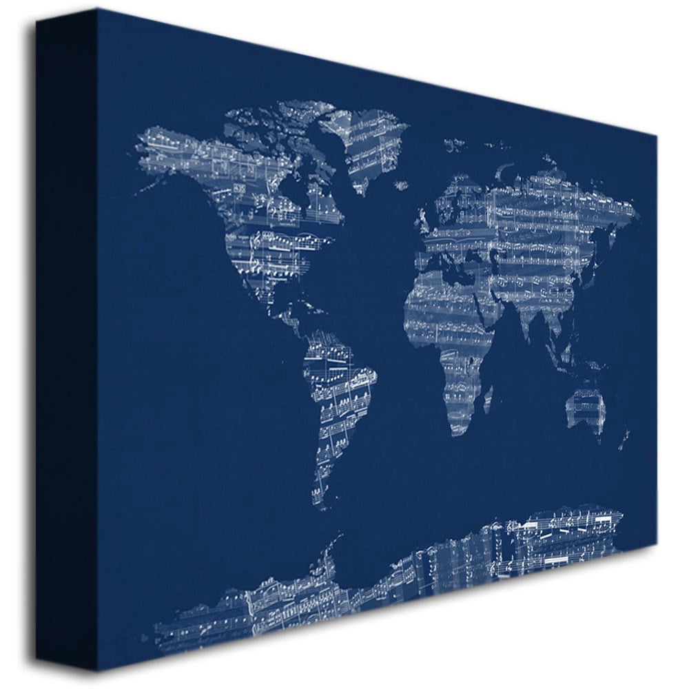 Trademark Art "Sheet Music World Map in Blue" Canvas Wall Art by Michael Tompsett