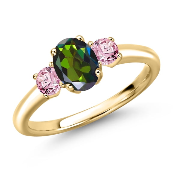 Gem Stone King 10K Yellow Gold Tourmaline Green Mystic Topaz and Pink Lab Grown Diamond Engagement Ring for Women | 1.16 Cttw | Oval 7X5MM | Gemstone November Birthstone | Size 8