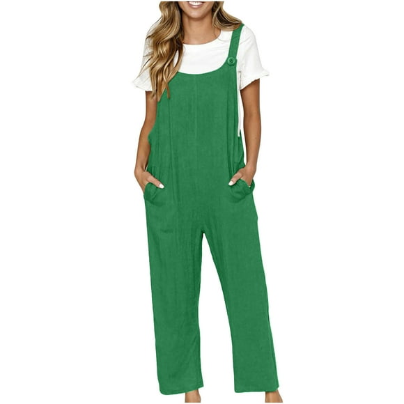 Women's Cotton Linen Jumpsuit Relaxed Fashion Solid Casual Sleeveless Square Neck Baggy Pocket Button Trousers Green S