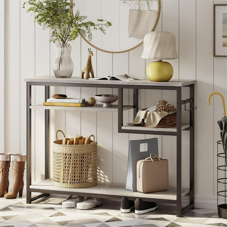 Free Shipping Bestier Narrow Console Table Buffet Sideboard Side Desk Entryway Table with 4 Storage Shelves 2 Hooks Grey Walmart