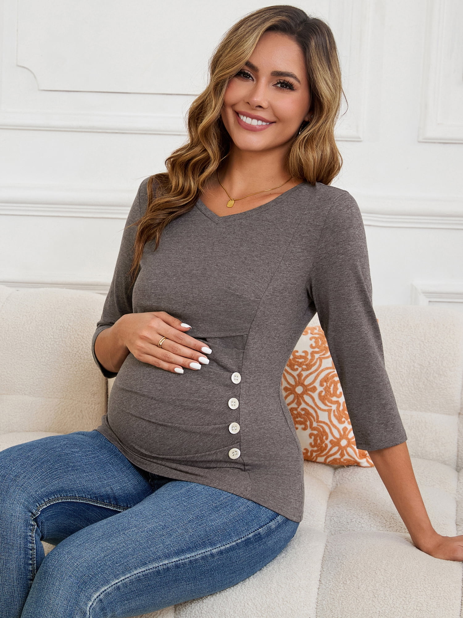 DARING DIVA Women's 3/4 Sleeve Ribbed Knit Nursing Maternity Shirts L Brown
