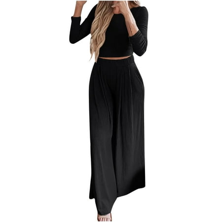 

Womens Solid Ribbed 2 Piece Outfits ong Sleeve Crop Top with High Waist Wide Leg Pant Suits Pajamas Sets Loungewear