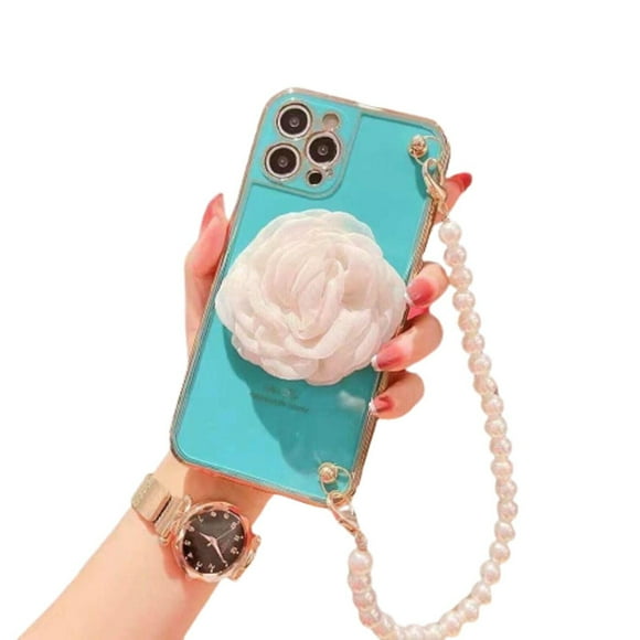 iPhone 11 Heavy Duty Case Wrist Chain Bracelet Luxury Flower Style Cover - Blue
