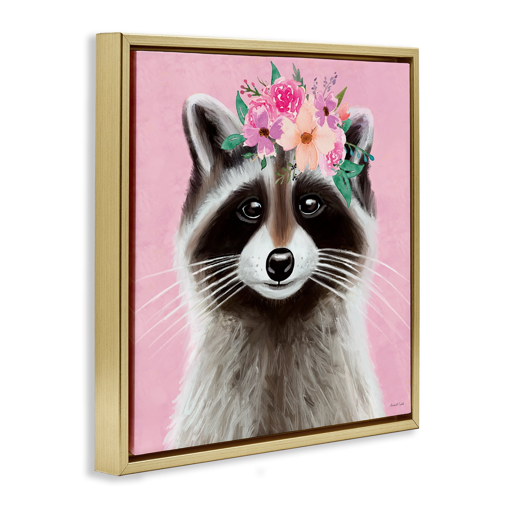Stupell Industries Pink Florals Raccoon Animals & Insects Painting Gold Floater Framed Canvas Art Print Wall Art, 18 x 18