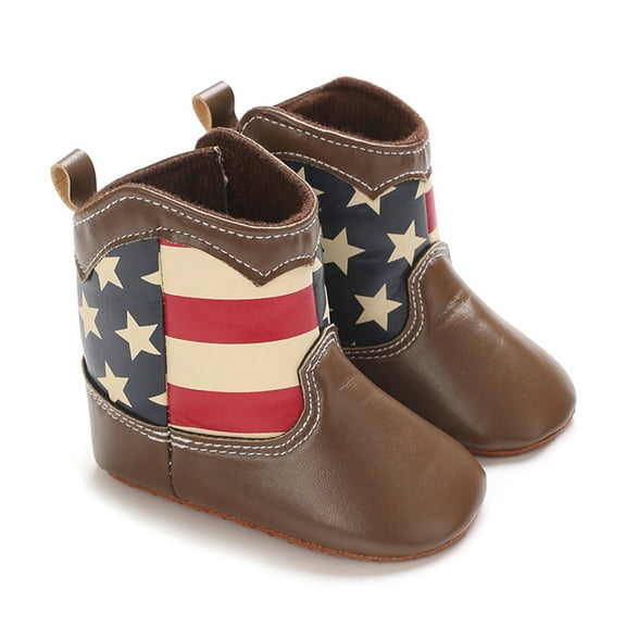 GYRATEDREAM Baby Boys Girls Western Cowboy Boots Infant Moccasins High Top American Flag Print Booties Toddler Soft Sole Non-Slip First Walker Crib Shoes Brown for 0-18M
