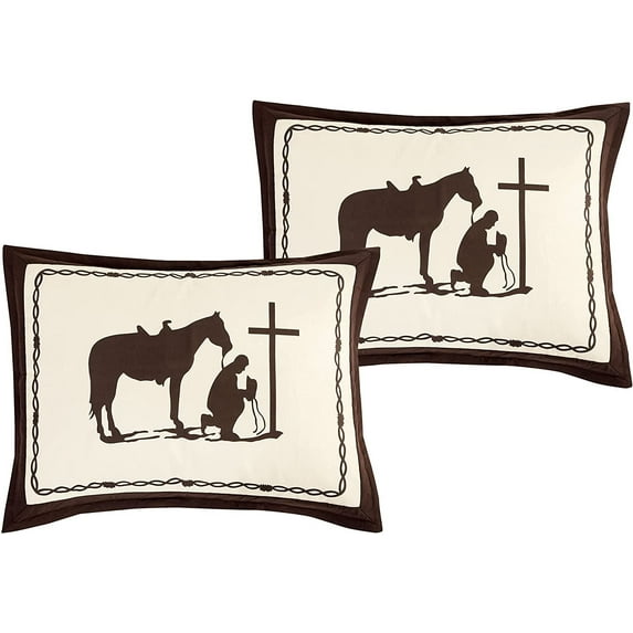 Sapphire HomeLuxury 7 Piece Cal-King Size Comforter Set,Shams Bedskirt Cushions,Western Design Collection,Cross Cowboy Horse Country Designs,Bed Cover Bed in a Bag22120,CK,CoffeeDk BrownIvory