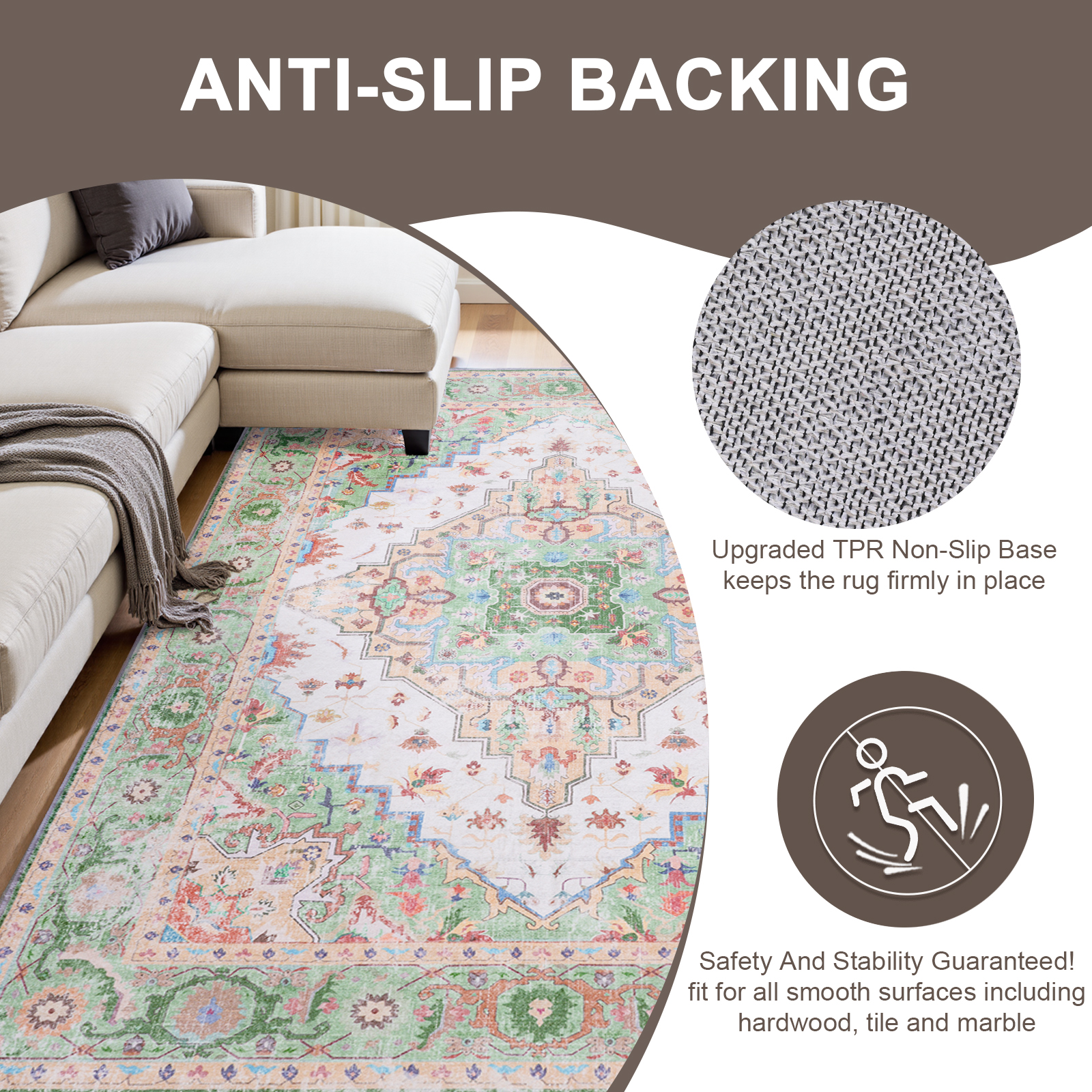 FANOTEK Vintage Area Rug for Bedroom Dining Room Living Room Indoor Rugs 6 x 9 ft Faux Wool Floor Mats Washable Kids & Pet-Friendly Carpet Green & Brown