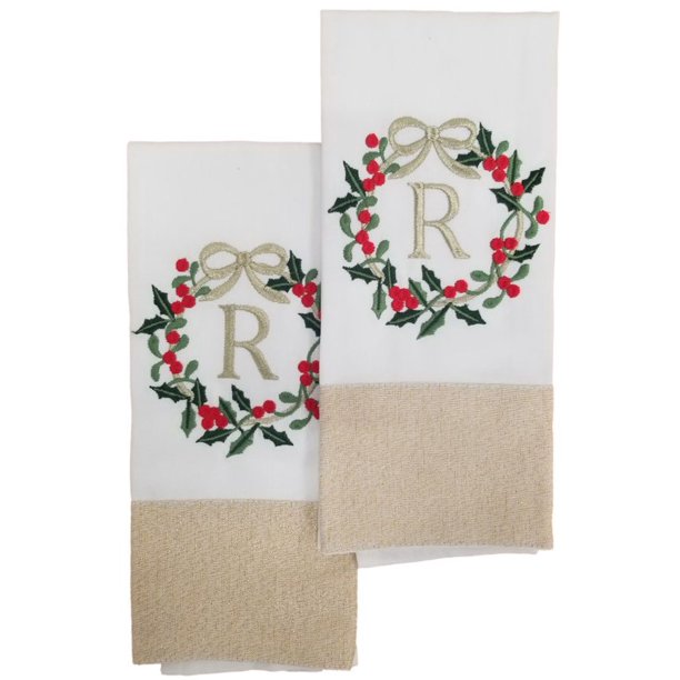Winter Wonderland Gold Monogram "R" Christmas Kitchen Towel Set, 2 Dish