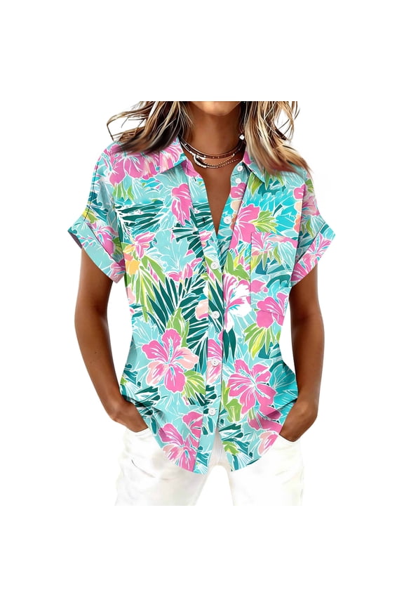 Hawaiian Shirt for Women Short Sleeve Blouse Business Work Tops Summer Beach Shirt Cool Button Up Tops