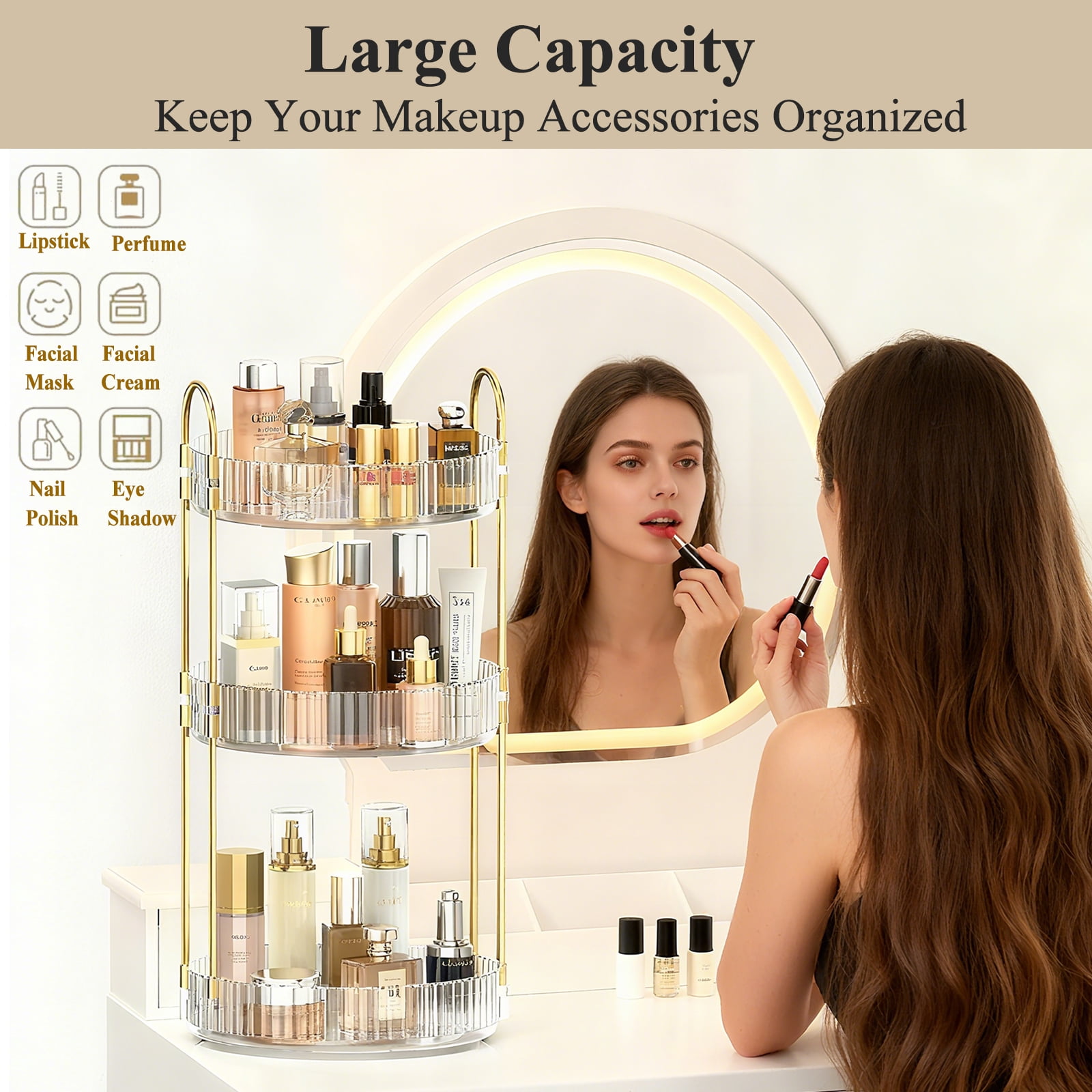 Kisportee 360° Rotating Makeup Organizer for Vanity, 3 Tier Large Skincare Make Up Storage Perfume Organizers for Bathroom Counter, Clear Cosmetic Dresser Lipstick Spinning Holder