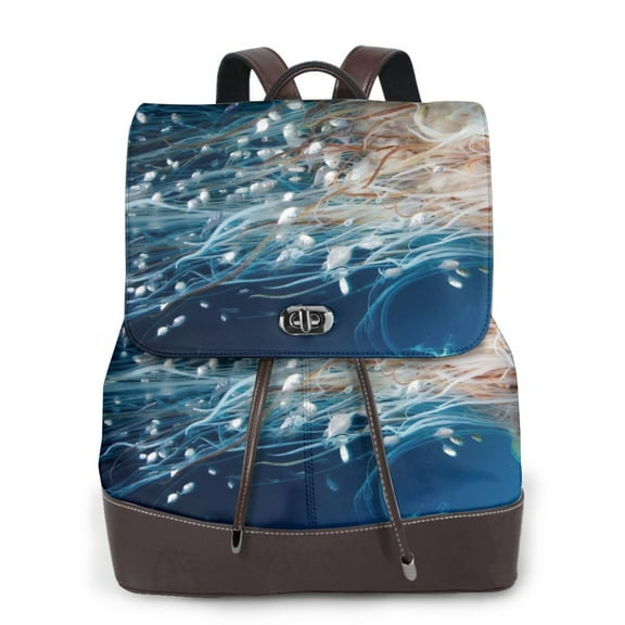 KLL White Jellyfish Dansing in the Ocean Print Leather Backpack,PU Leather Laptop Backpack Purse for Women and Ladies Daypacks Bags for Travel College Work