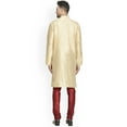 thumbnail image 4 of eloria Men's Traditional Silk Blend Solid Gold-Toned Kurta With Maroon Churidar Pyjama, 4 of 7
