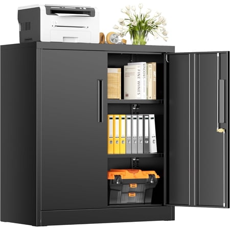 INTERGREAT Metal Storage Cabinet with Locking Doors, Lockable Steel Storage Cabinets with 2 Doors and Shelves, Black Metal Cabinets with Lock, Small Steel Cabinet for Office, Garage, Home, Shop
