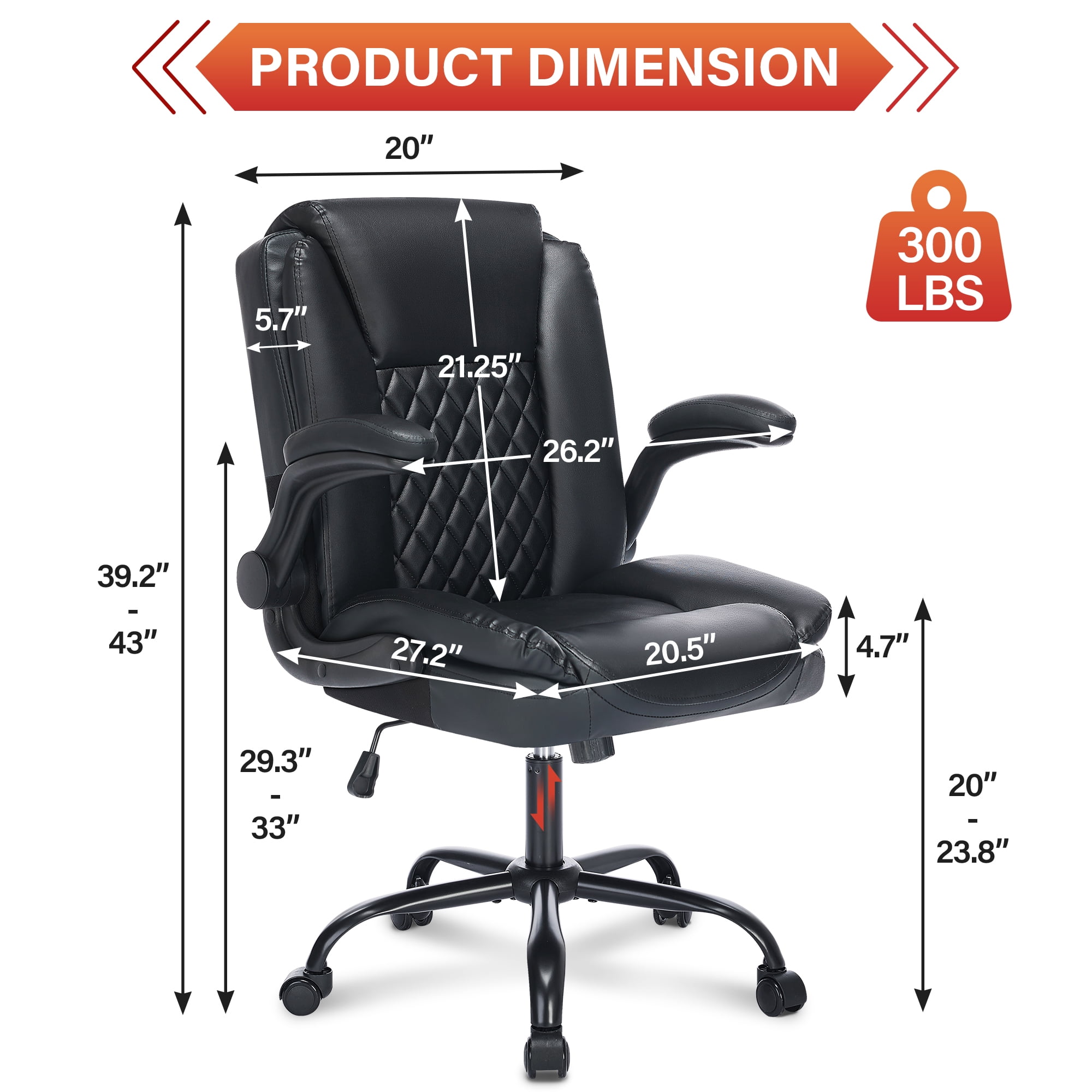Fantasylab Executive Ergonomic 300LBS PU Leather Home Office Desk Chair, Computer Desk Chair with Adjustable Armrest,Black