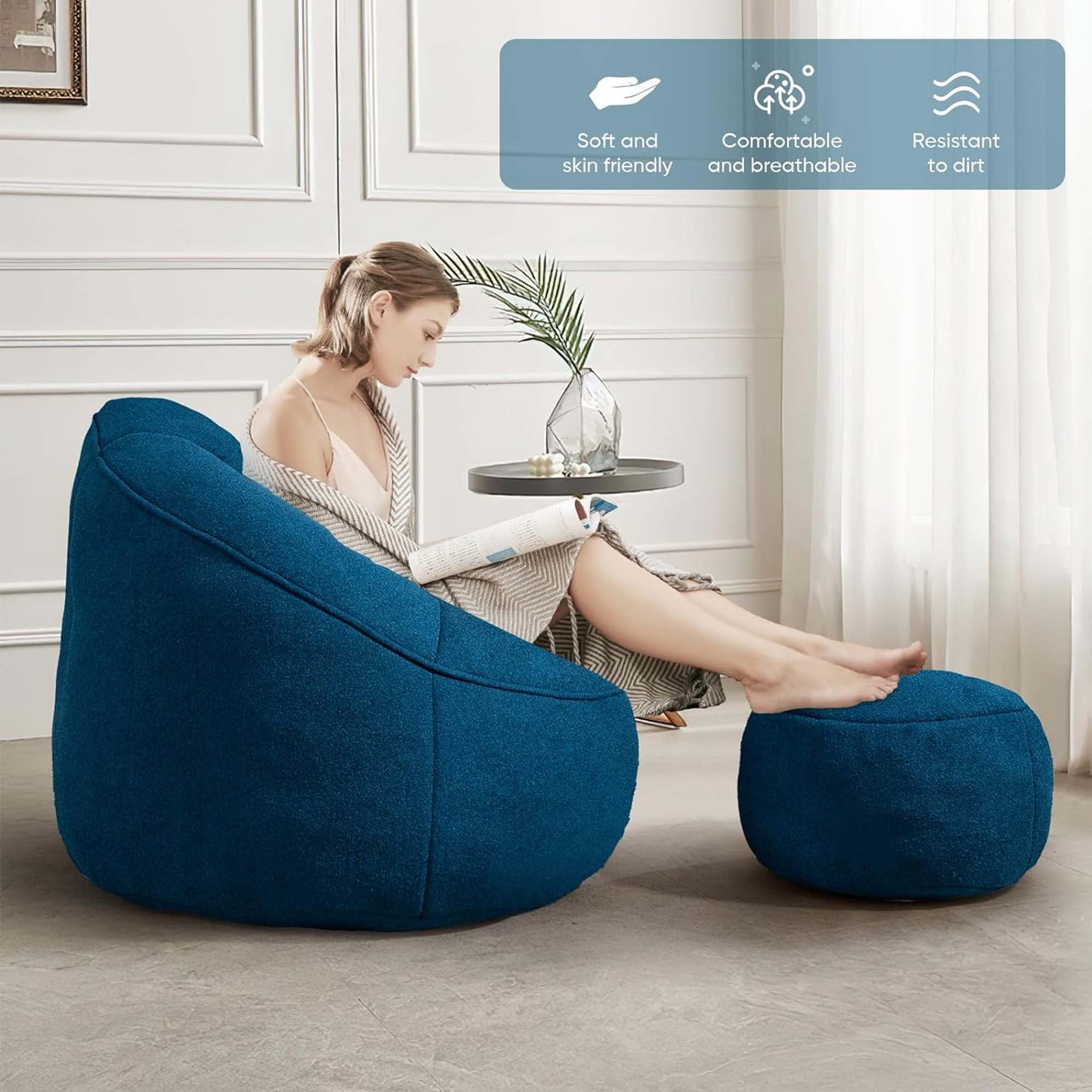 Aukfa Bean Bag Chair, Lazy Sofa Beanbag with Ottoman for Living Room, Dorm - Blue