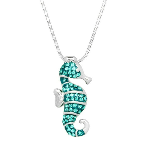 Seahorse Pendant Necklace Rhinesotne Crystal Hand Painted Rhodium Plated 17 Inch Snake Chain J0733
