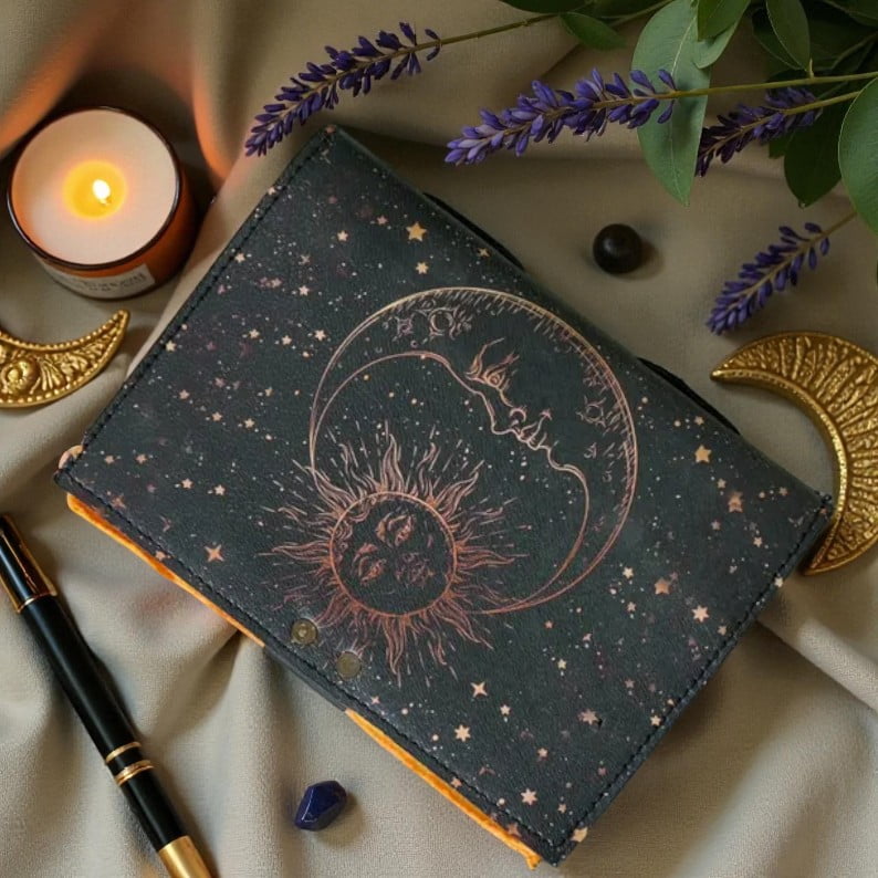 Handmade Leather Journal 5x7 Inch – Sun & Moon Embossed Notebook, 200 Deckle Pages, Vintage Writing Diary, Handmade Paper, Gift for Men & Women