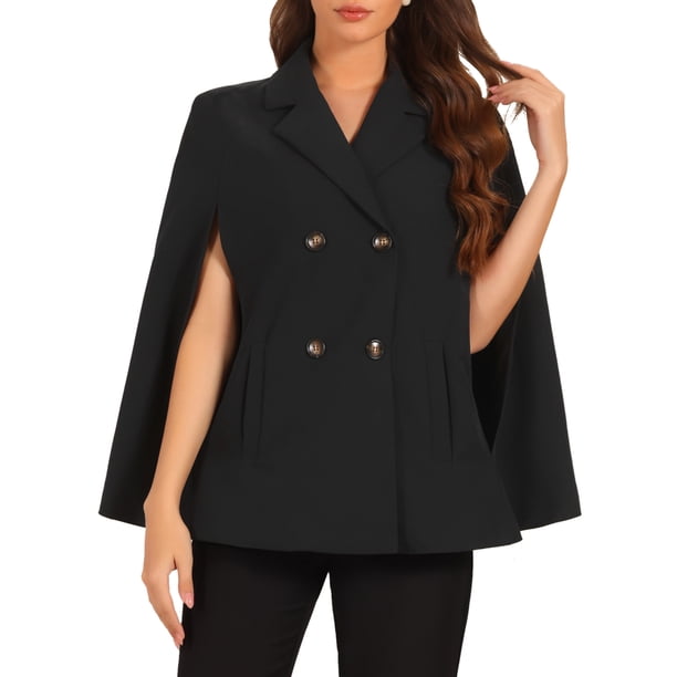 Blazer de doble botonadura INSPIRE CHIC para mujer, abrigo capa con cuello de solapa, negro, talla L