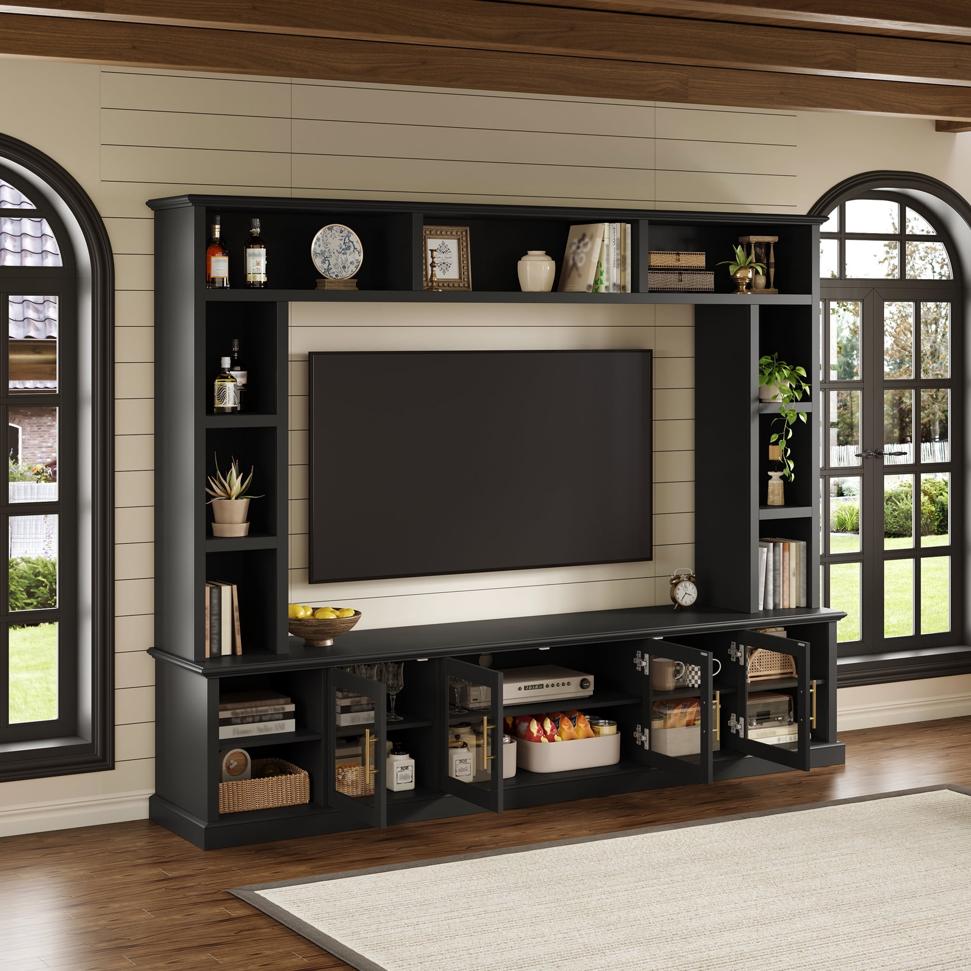 Euroco Entertainment Center Wall Unit for TVs up to 80", All-in-One Modern TV Stand with Bookshelves & Tempered Glass Doors, TV Console Unit with Shelving for Living Room, Entertainment