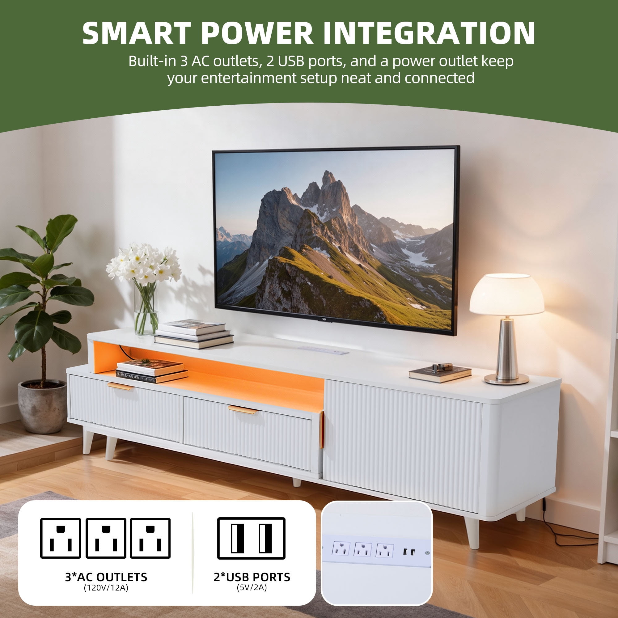 Uforic Extendable TV Stand for 100 Inch TV, Modern Fluted Entertainment Center with LED Light & Power Outlet, Freestanding Media Console with 1 Drawer & 2 Storage Cabinets, White