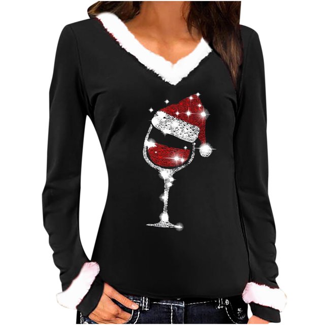 Mujeres Sexy Navidad Copa de vino Slim Velvet Stiching Casual Impresión de manga larga con cuello en V Camisas Blusas Tops Pompotops gfhjh20824