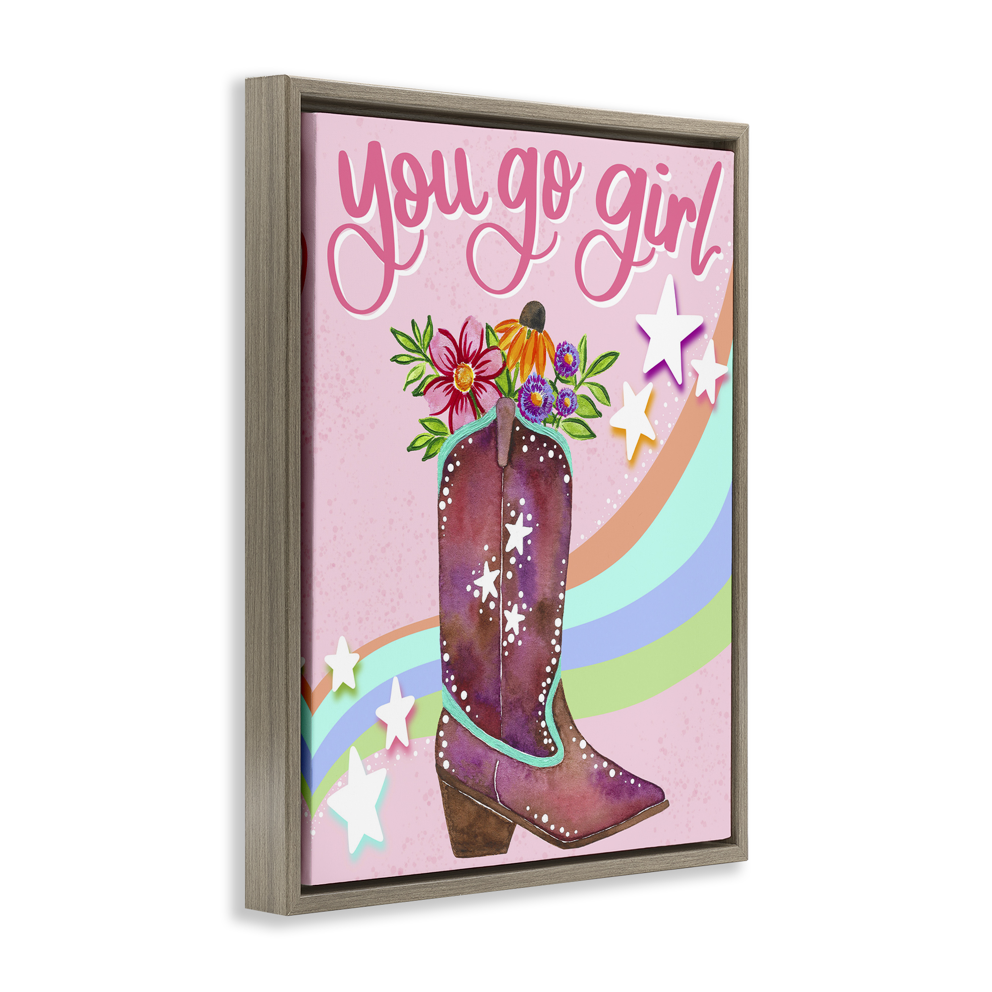 Stupell Industries You Go Girl Boot Botanical & Floral Painting Brown Floater Framed Art Print Wall Art, 25 x 31