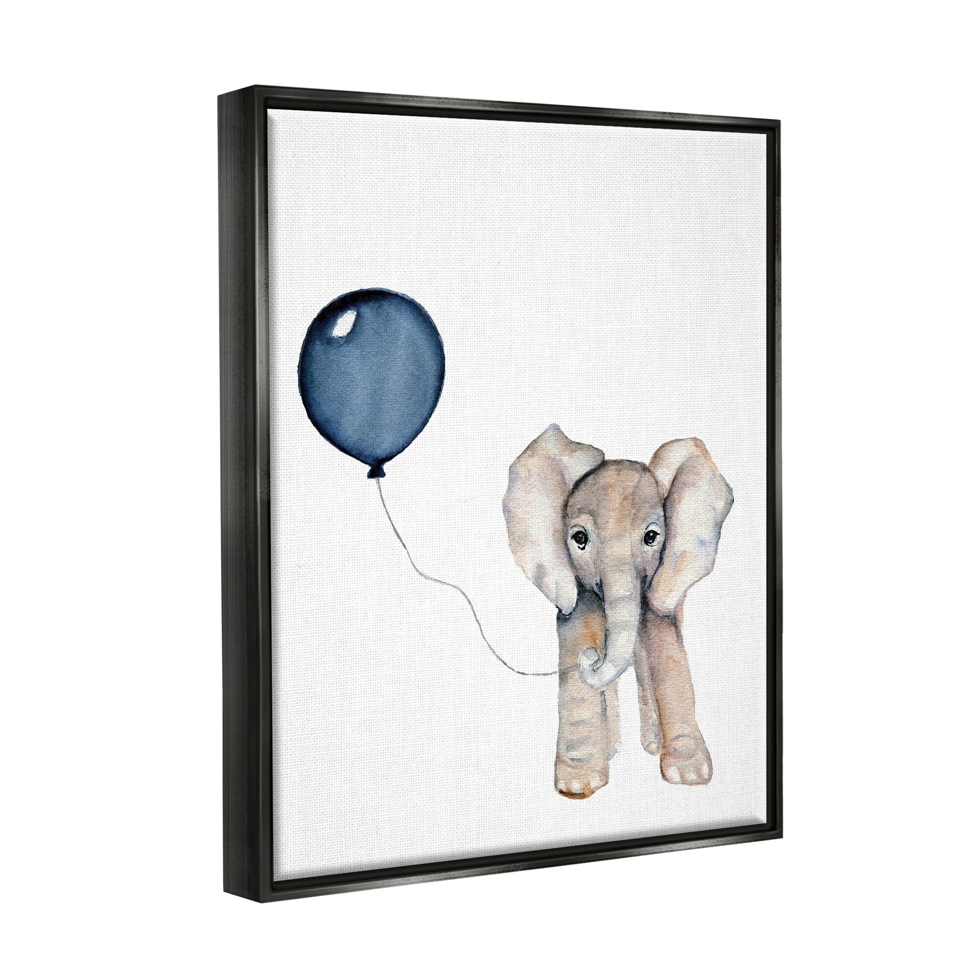 Stupell Industries Baby Elephant with Blue Balloon Jet Black Framed Floating Canvas Wall Art, 24x30, by Susan Knovich