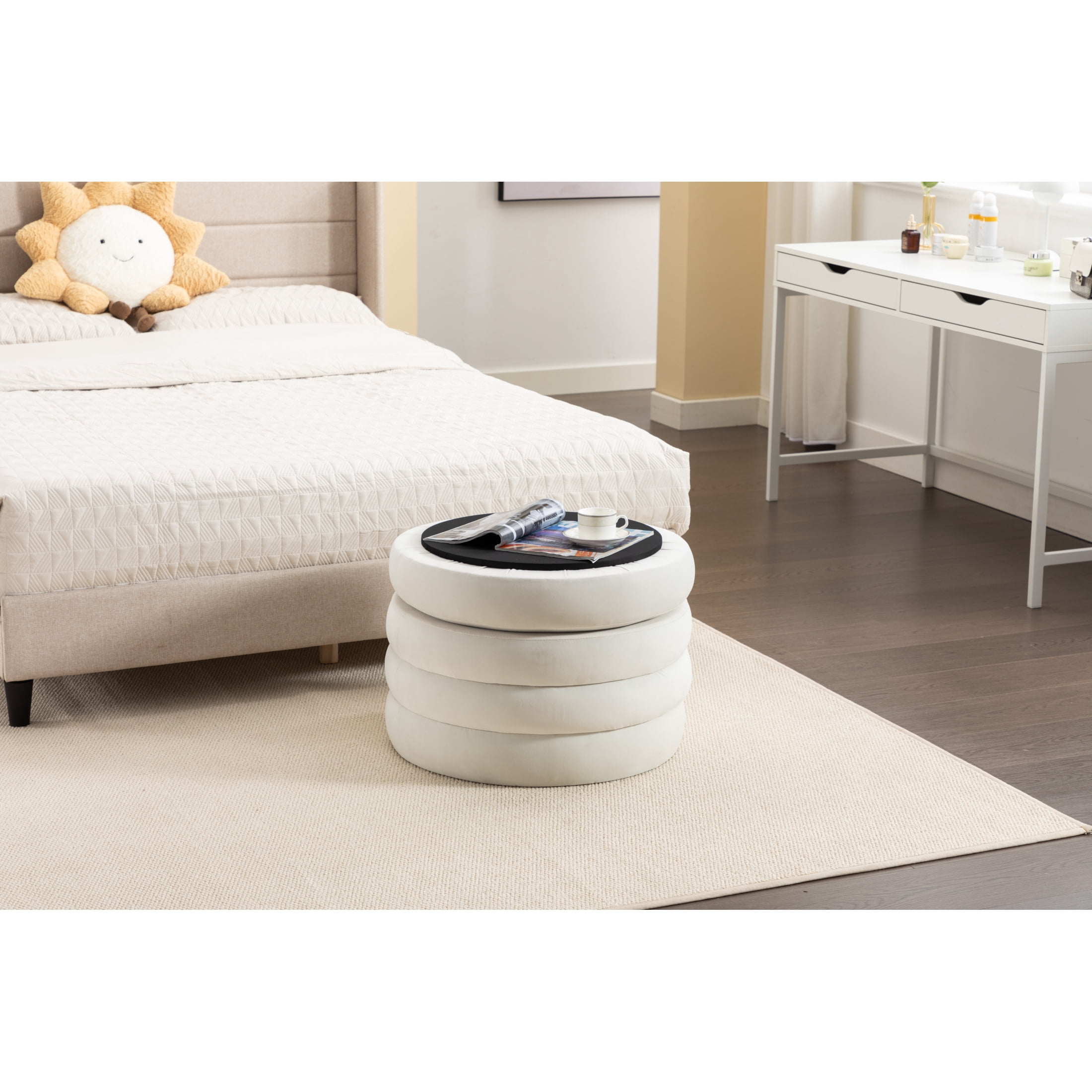 Noble House Blaise Velvet Storage Ottoman with Reversible Lid, 24.41" Bedroom Bench & Footstool, Ivory