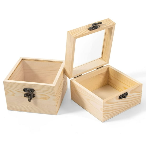 2 cajas pequeñas de madera con tapa con bisagras, caja de madera sin terminar de 4,7'' x 4,7'' x 3,1'' con tapa de vidrio, pequeña caja de joyería de madera para regalo