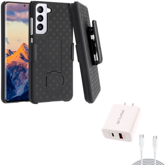 Swivel Holster Case Belt Clip w 6ft Long Cable Fast Type-C 36W PD Home Charger for Samsung Galaxy S21 FE 5G