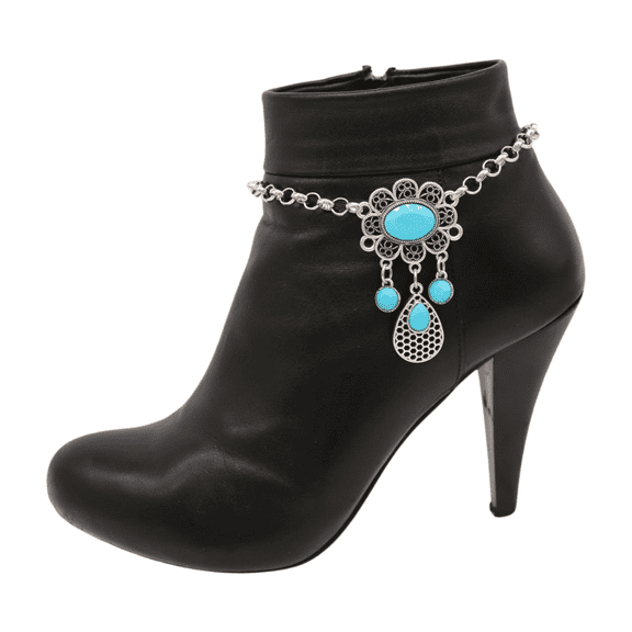Women Ethnic Silver Metal Chain Boot Bracelet Anklet Shoe Turquoise Blue Flower Charm