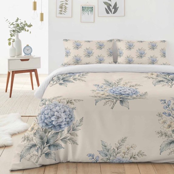 California King Size Duvet Cover 4 Piece Bedding Set Farmhouse Blue Hydrangea Bed Sheet Sets Soft Microfiber Comforter Cover with Flat Sheet 2 Pillow Shams
