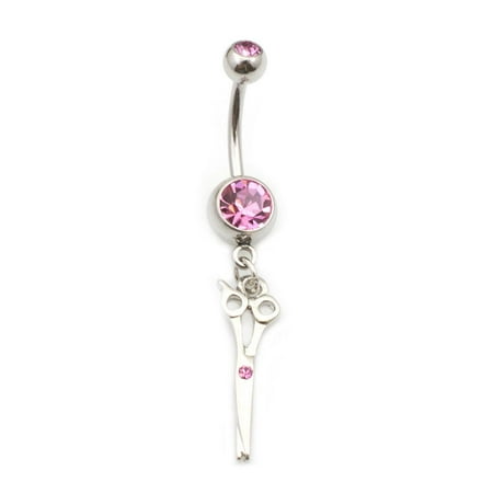 Dangling Multi Colored Belly Button Ring - Belly Button RIng with seizors Dangle and Cz Jewels 14g