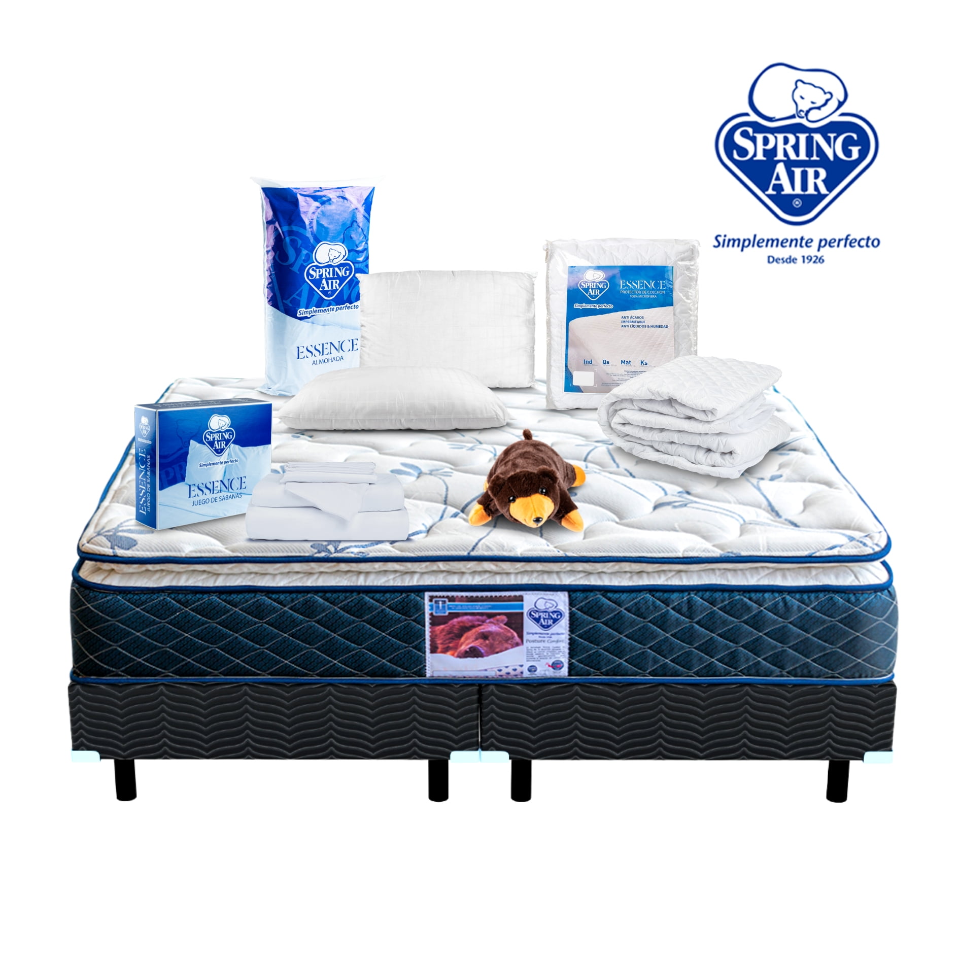 Colchón King Size Spring Air + Box + 2 Almohadas + Cubre Colchón + Sábanas + Osito Carmín